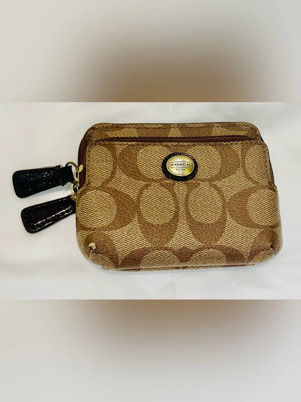Coach Signature Coated Canvas Double Zip ID Wallet - Khaki/Brown